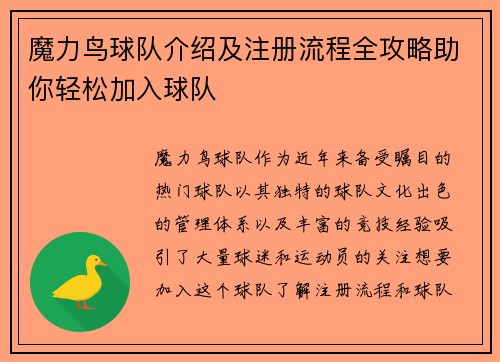 魔力鸟球队介绍及注册流程全攻略助你轻松加入球队